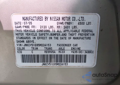 2005 Infiniti G35 из США, поврежденный, VIN JNKCV51E85M224153